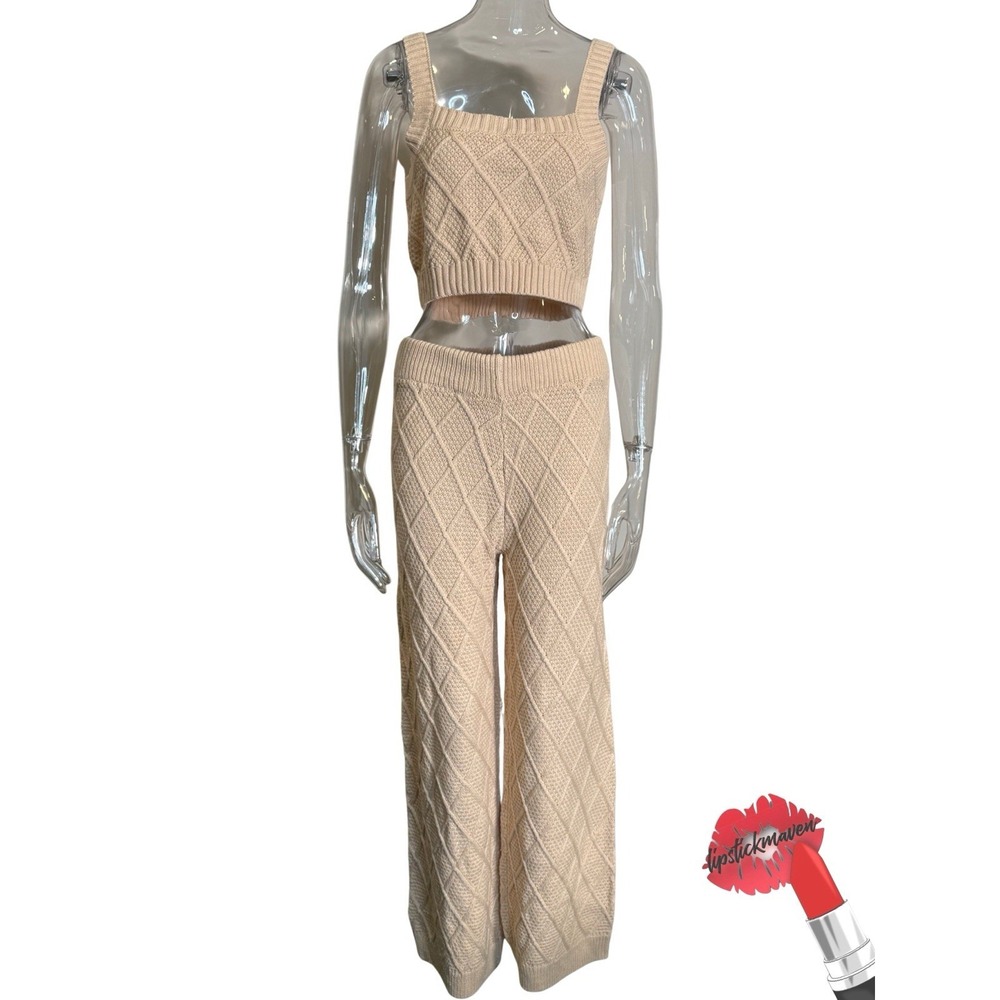 Womens Knit Set Medium Tan Neutral Two Piece Crop Top Flare Pants NWT Baevely